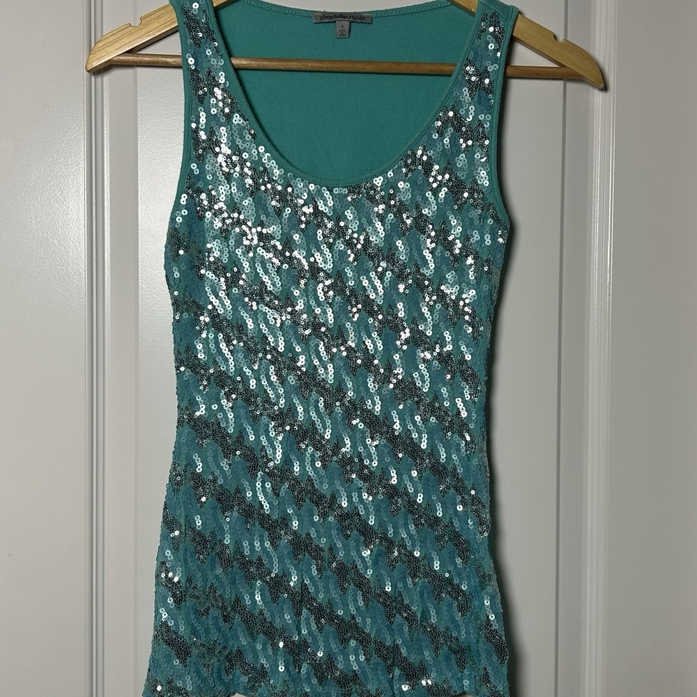 Charlotte Russe Aqua Teal Allover Shimmery Sequin Tank Top Y2K Mermaidcore Style